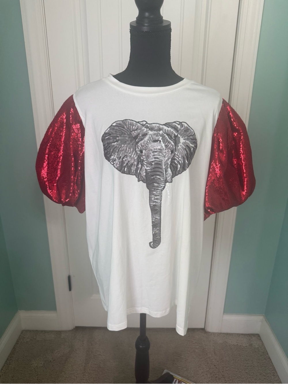 QUEEN OF SPARKLES White Alabama Sequin Elephant Tee with Red Sequin Puff Sleeves